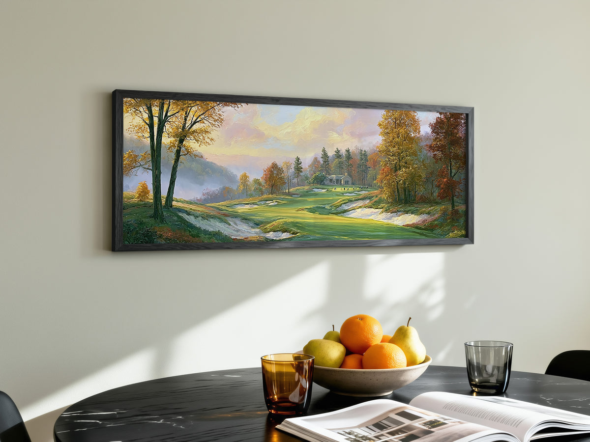 Golf Course Autumn Landscape Panoramic Canvas Print, Green Fairway Fall Foliage Wall Art, Golf Lover Home Decor