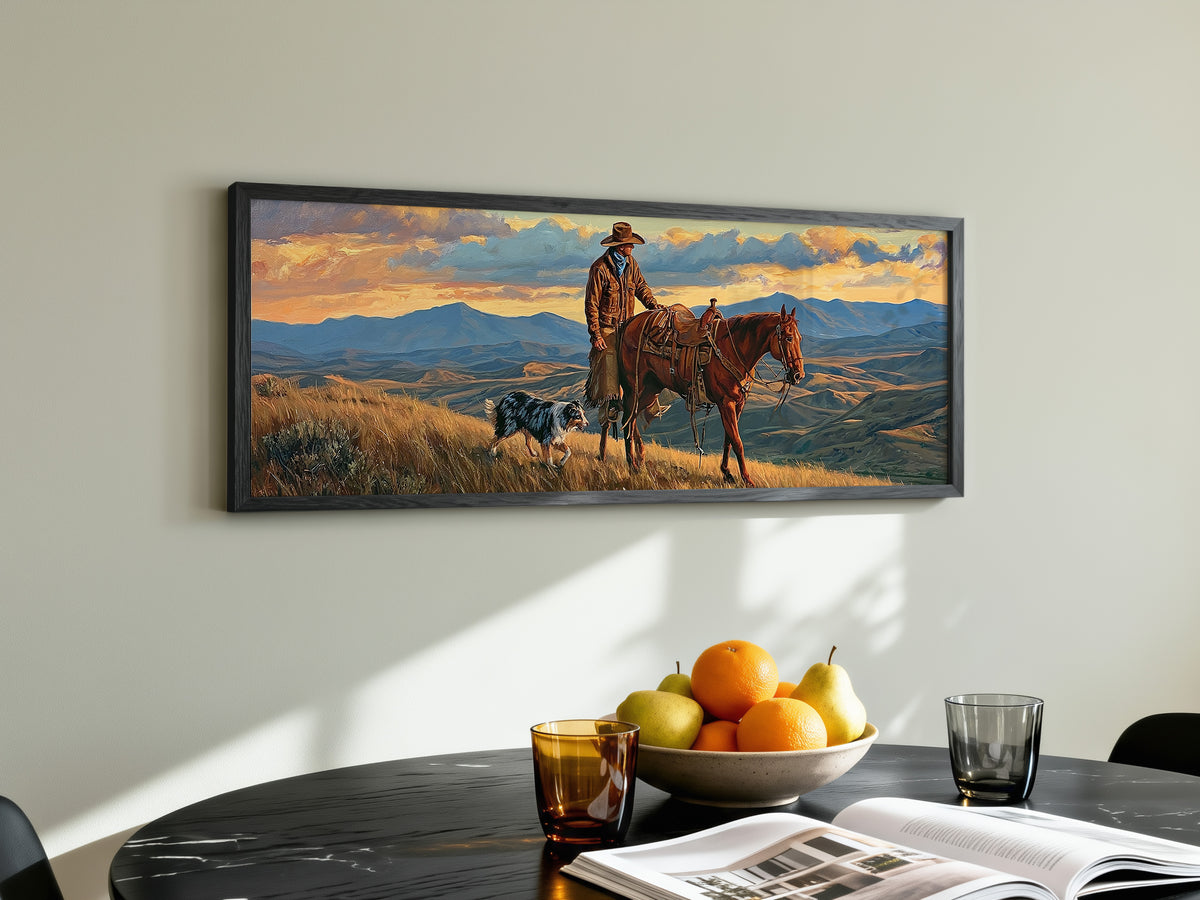 Western Cowboy Horse Dog Sunset Panoramic Canvas Print, Mountain Ranch Panoramic Wall Art, Rustic Country Ranch Decor