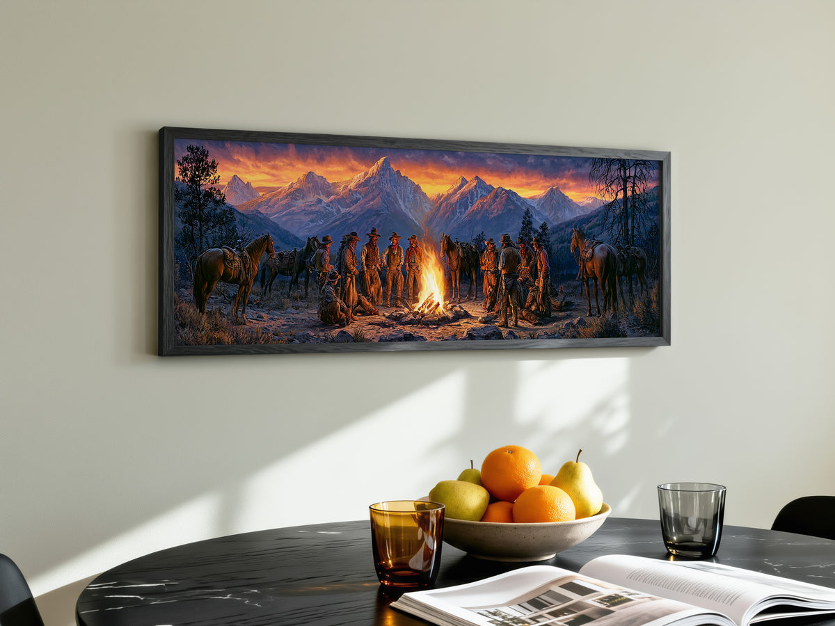 Cowboy Campfire Mountain Sunset Panoramic Canvas Print, Western Cowboys and Horses Wall Art, Extra Large Rustic Lodge Decor