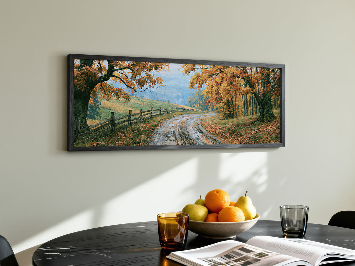 Autumn Country Road Fence Panoramic Canvas Print, Fall Orange Foliage Landscape Wall Art, Large Horizontal Over Bed Art