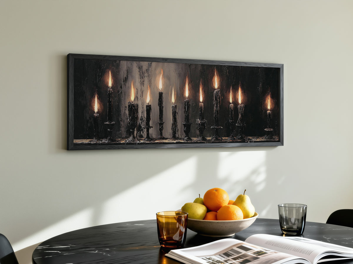 Gothic Dark Academia Moody Flame Panoramic Canvas Print, Burning Black Candles Wall Art