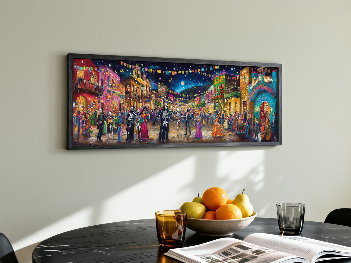 Day of the Dead Night Festival Panoramic Canvas Print, Dia de los Muertos Village Street Party Wall Art