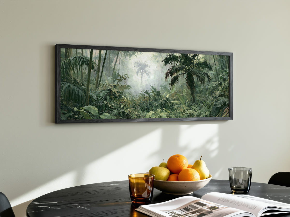Misty Tropical Jungle Panoramic Canvas Print, Lush Green Rainforest Wall Art, Extra Large Biophilic Modern Home Decor