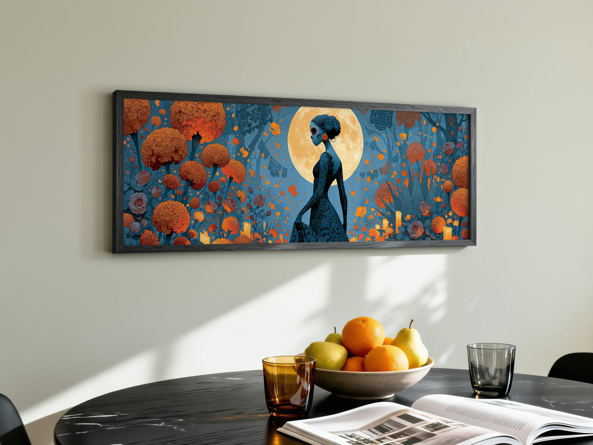 Day of the Dead Woman Marigold Moon Panoramic Canvas Print, Dia de Muertos Teal Wall Art, Moody Halloween Decor