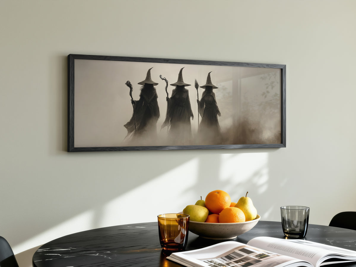 Mystic Witchy Dark Academia Panoramic Canvas Print, Three Coven Fantasy Wall Art