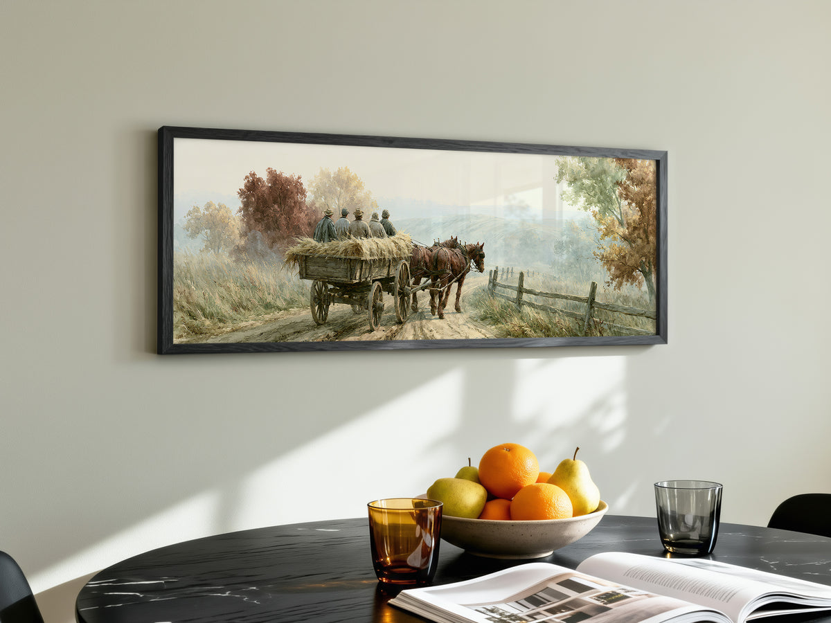 Vintage Horse Wagon Countryside Panoramic Canvas Print, Autumn Landscape Rustic Farmhouse Wall Art, Country Home Art Decor