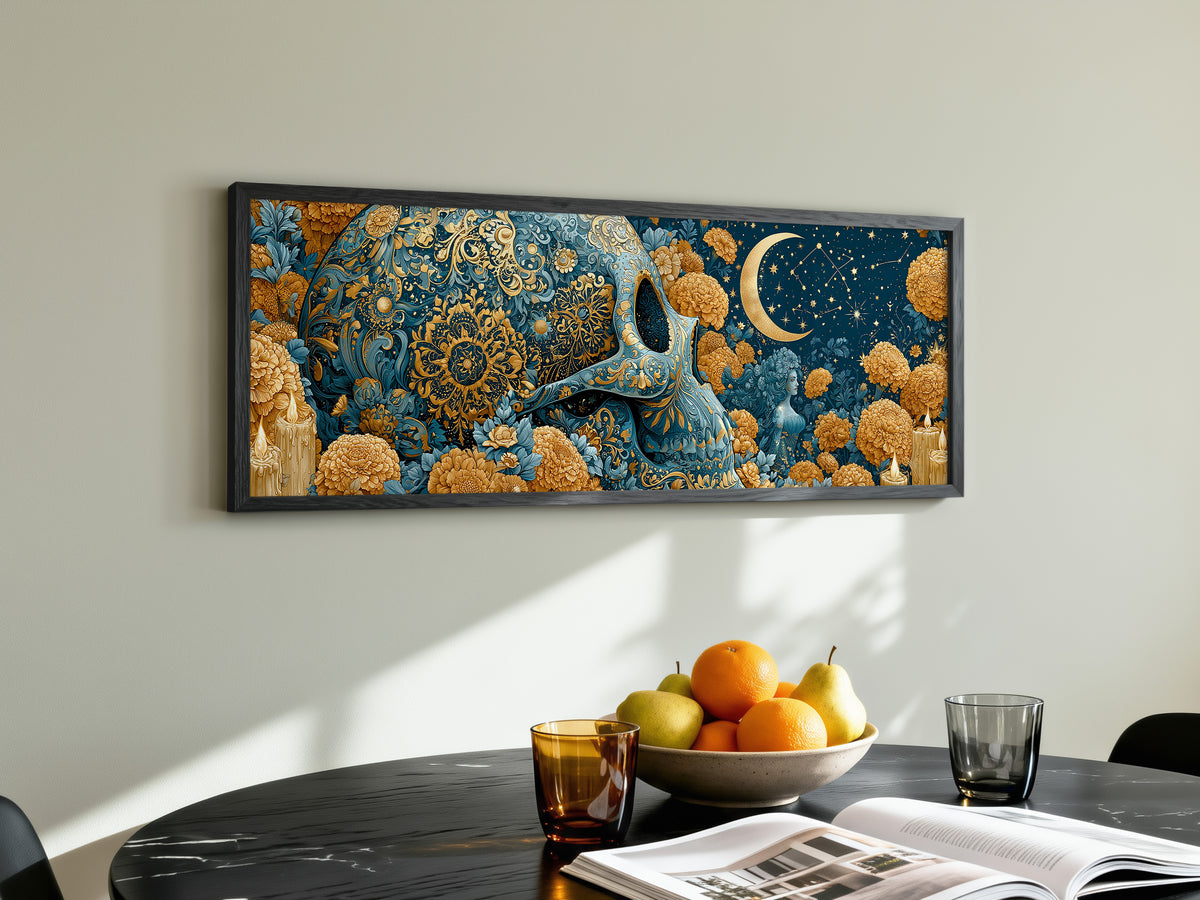 Sugar Skull Gold Teal Marigold Panoramic Canvas Print, Day of the Dead Celestial Wall Art, Horizontal Gothic Wall Decor