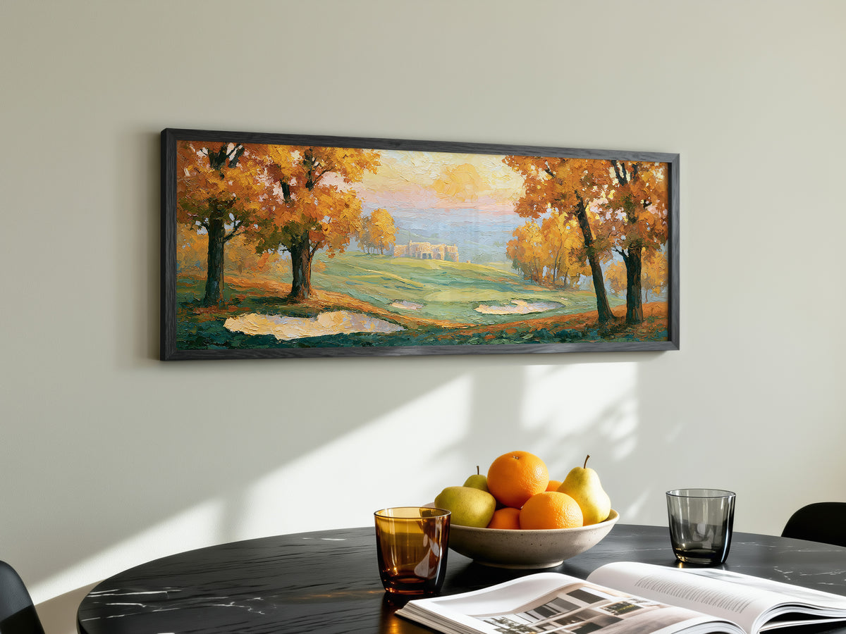 Golden Autumn Golf Landscape Panoramic Canvas Print, Impasto Fall Landscape Painting Wall Art,