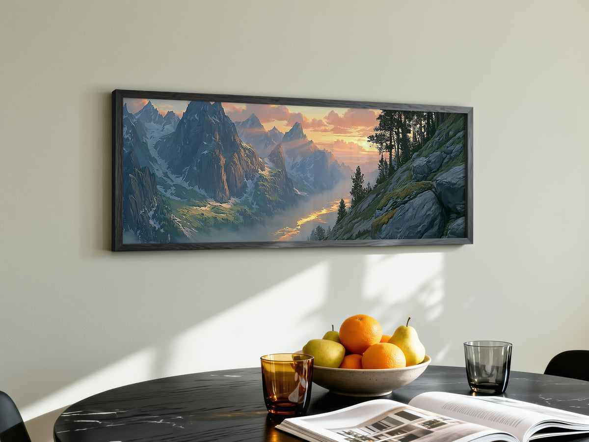 Alpine Mountain Valley Sunset Panoramic Canvas Print, Snow Peak Pine Forest Wall Art, Majestic Wilderness Winter Decor