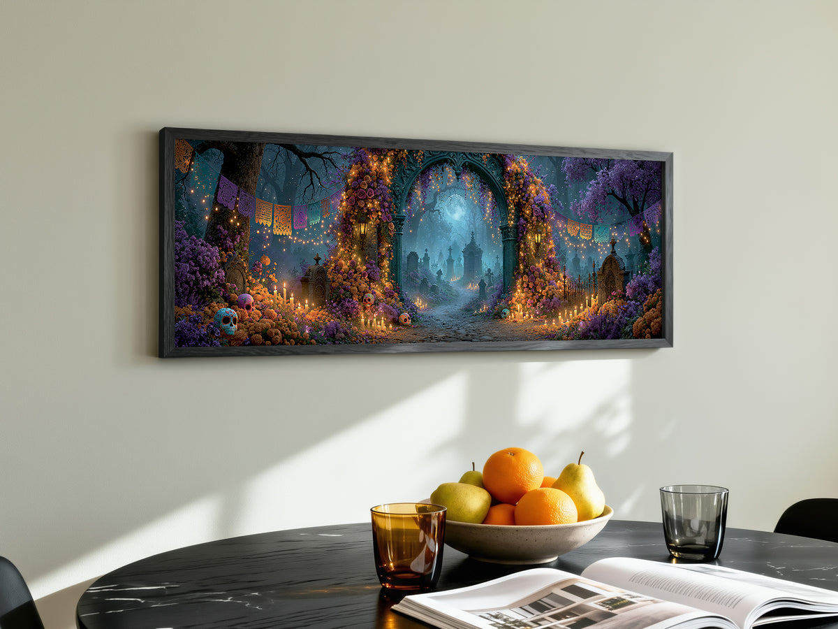 Dia de Muertos Cemetery Arch Marigold Panoramic Canvas Print, Day of the Dead Purple Moon Wall Art, Celestial Moonlit Graveyard Decor