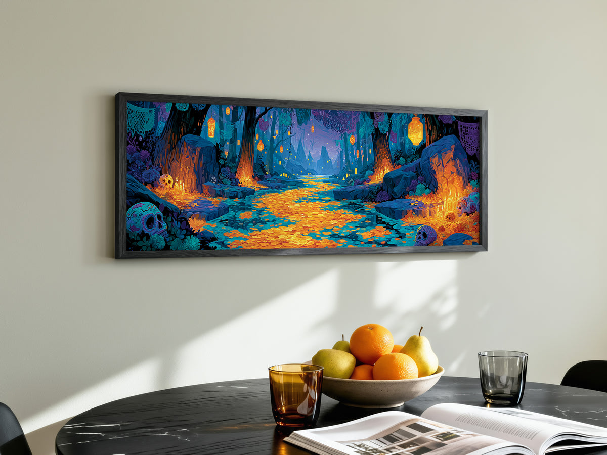 Dia de los Muertos Panoramic Canvas Print, Mystical Blue & Orange Forest Wall Decor