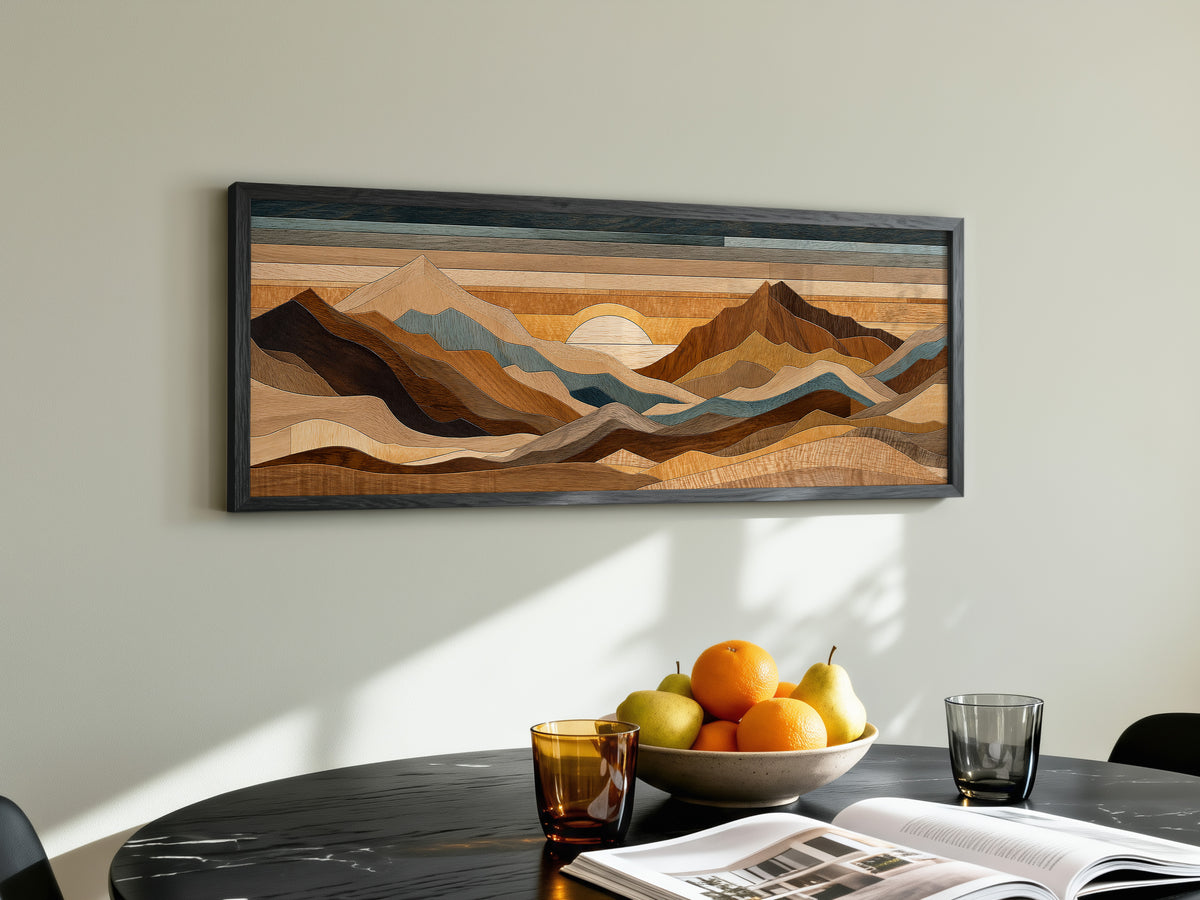 Wood Inlay Mountain Landscape Panoramic Canvas Print, Earthy Brown Blue Geometric Wall Art, Rustic Cabin Decor