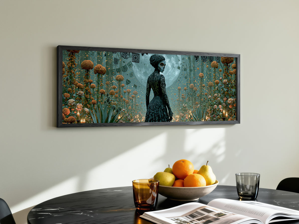 Day of the Dead Woman Moonlight Panoramic Canvas Print, Dia de Muertos Wall Art, Mexican Folk Art Decor