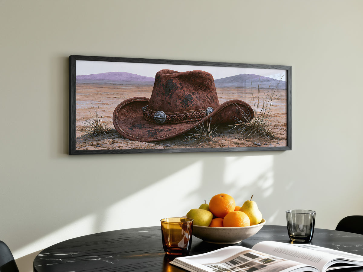 Vintage Cowboy Hat and Desert Landscape Panoramic Canvas Print, Southwest Western Wall Art, Country Living Room Decor