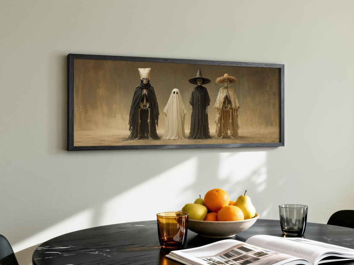 Spooky Halloween Costume Crew Panoramic Canvas Print, Skeleton Ghost Crew Wall Art