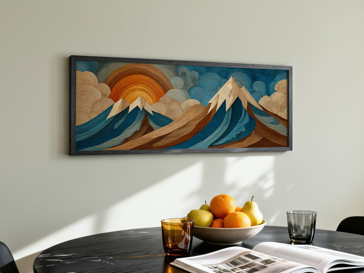 Boho Layered Mountain and Sunrise Panoramic Canvas Print, Wood Engraving Style Teal Orange Wall Art, Modern Above Sofa Art Decor