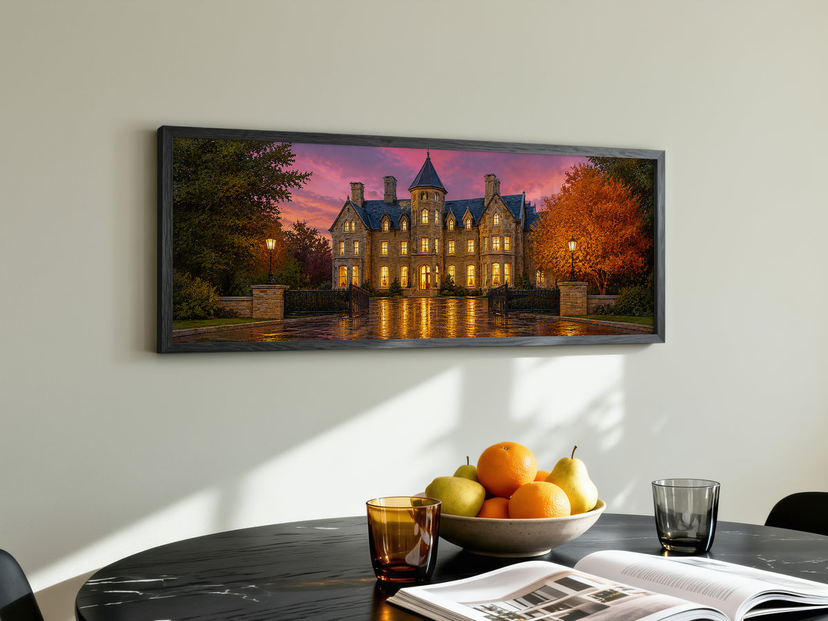 Haunted Mansion Autumn Night Panoramic Canvas Print, Victorian Gothic Castle Wall Art, Dark Academia Moody Pink Sky Decor