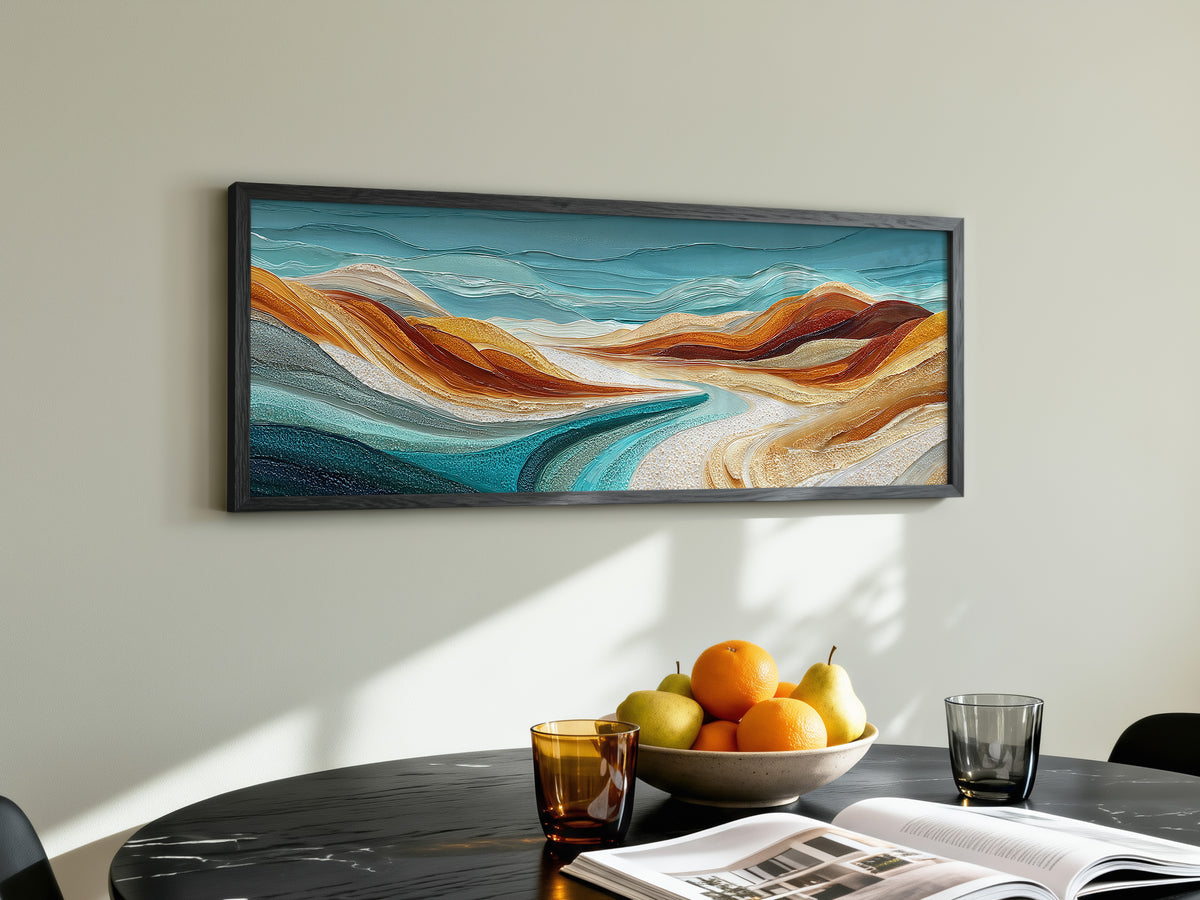 Sculptural Desert Wave Panoramic Canvas Print, Teal Orange Abstract Wall Art, Minimalist Nature Office Art Decor