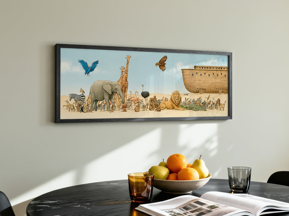 Whimsical Noah's Ark Wildlife Panoramic Canvas Print, Biblical Wildlife Wall Art, Extra Large Kids Nursery Decor