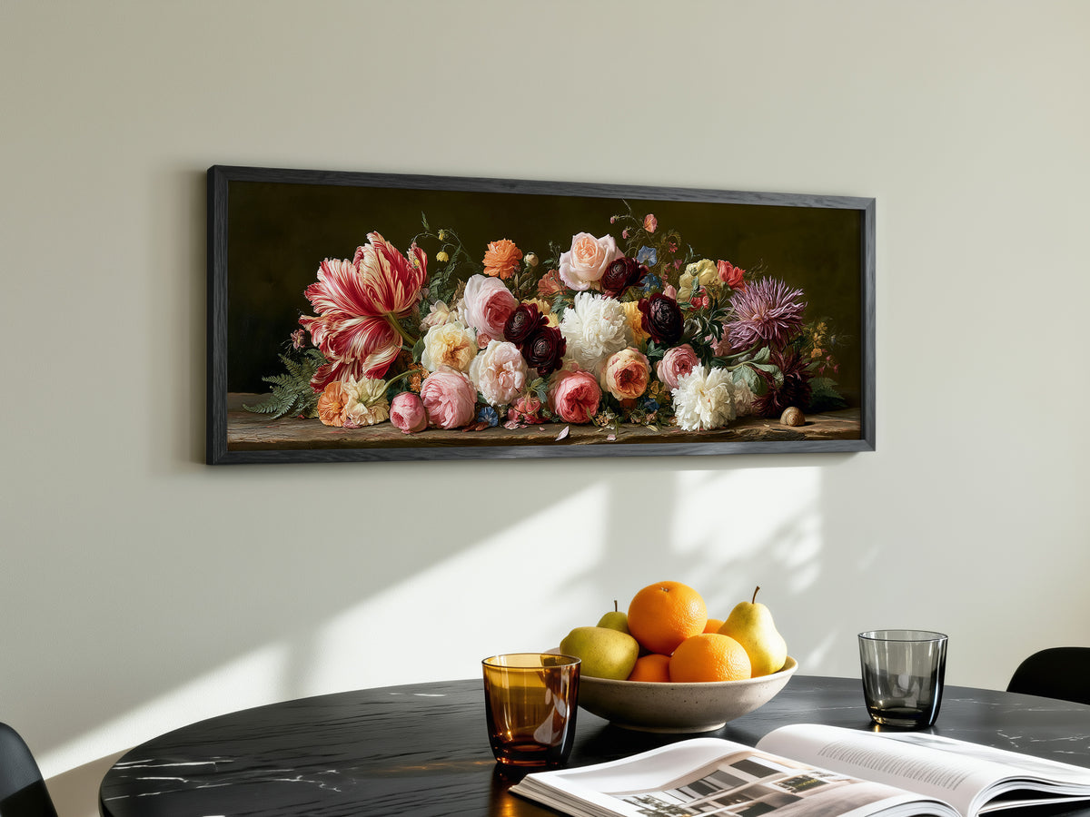 Dutch Golden Age Floral Still Life Panoramic Canvas Print, Vintage Botanical Flowers Wall Art, Dark Academia Living Room Decor