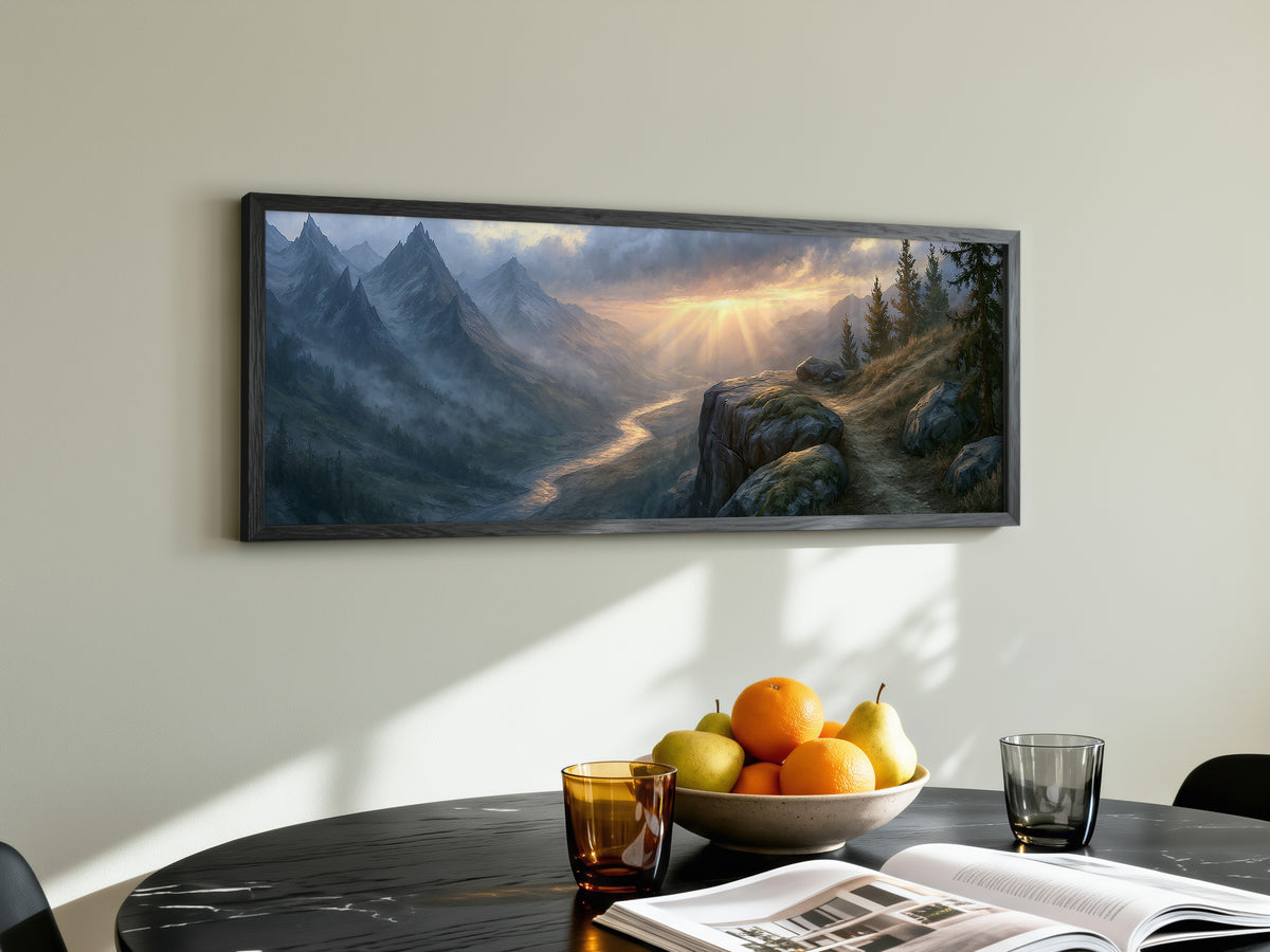Alpine Mountain Valley Sunrise Panoramic Canvas Print, Golden Light Ray Landscape Wall Art, Rustic Living Room Canvas Decor