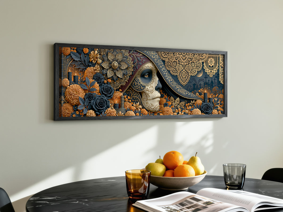 Gold Navy Sugar Skull Woman Marigold Panoramic Canvas Print, Luxury Day of the Dead Lace Wall Art, Gothic Floral Decor