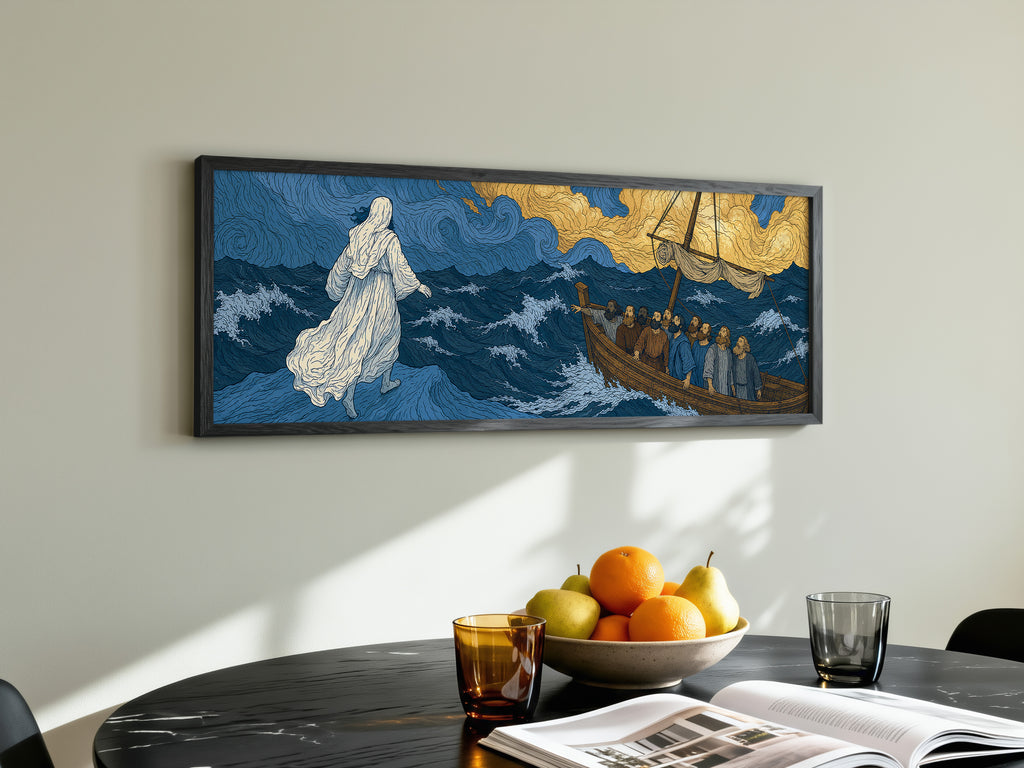 Biblical Jesus Walking Water Swirling Sea Panoramic Canvas Print, Van Gogh Style Blue Gold Wall Art, Redeemer Christian Heavenly Decor, P272