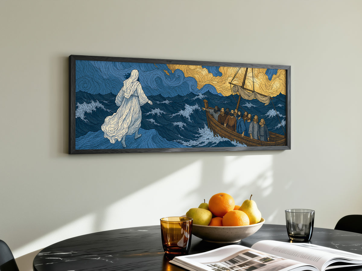 Biblical Jesus Walking Water Swirling Sea Panoramic Canvas Print, Van Gogh Style Blue Gold Wall Art, Redeemer Christian Heavenly Decor