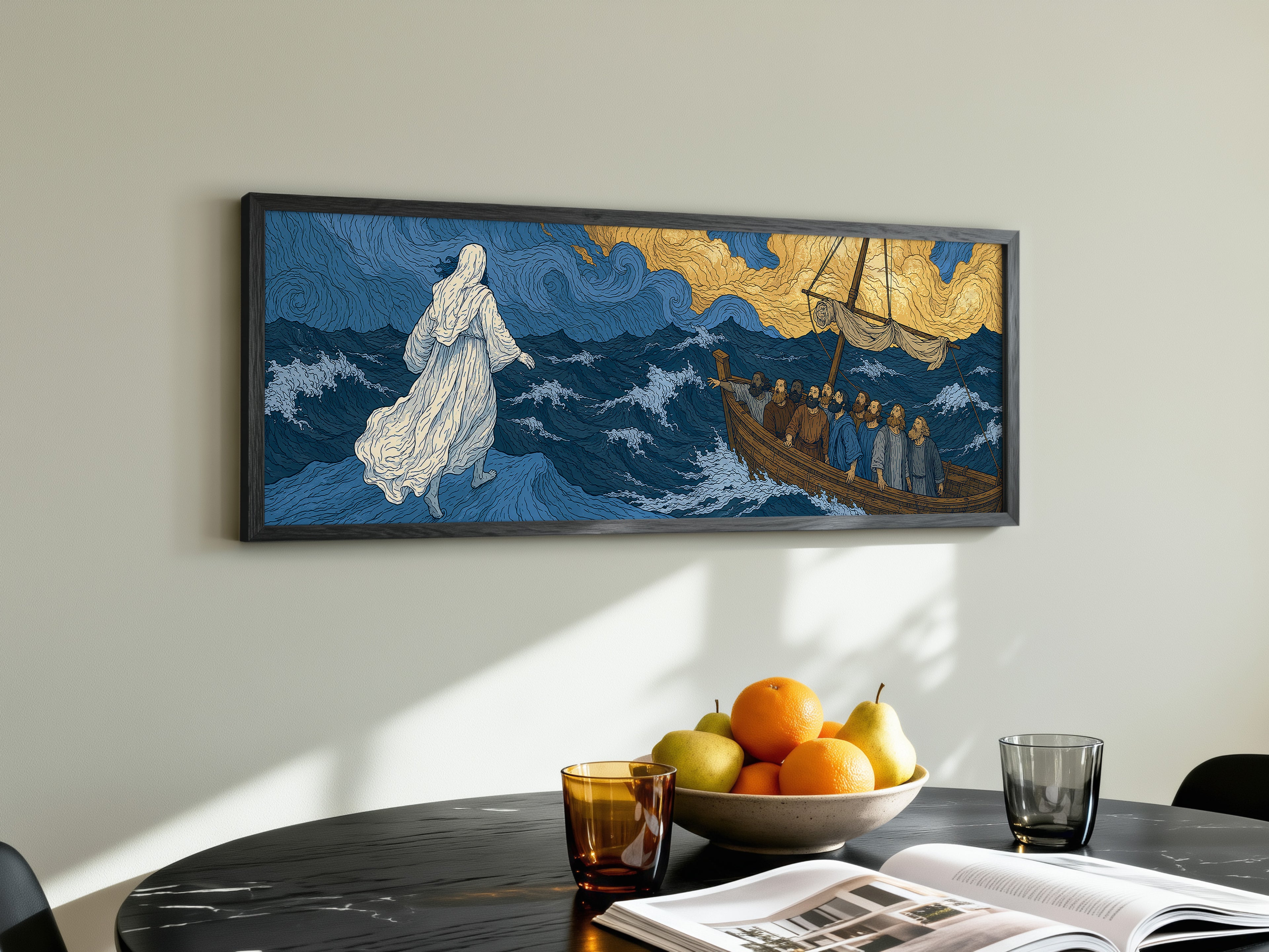 Biblical Jesus Walking Water Swirling Sea Panoramic Canvas Print, Van Gogh Style Blue Gold Wall Art, Redeemer Christian Heavenly Decor, P272