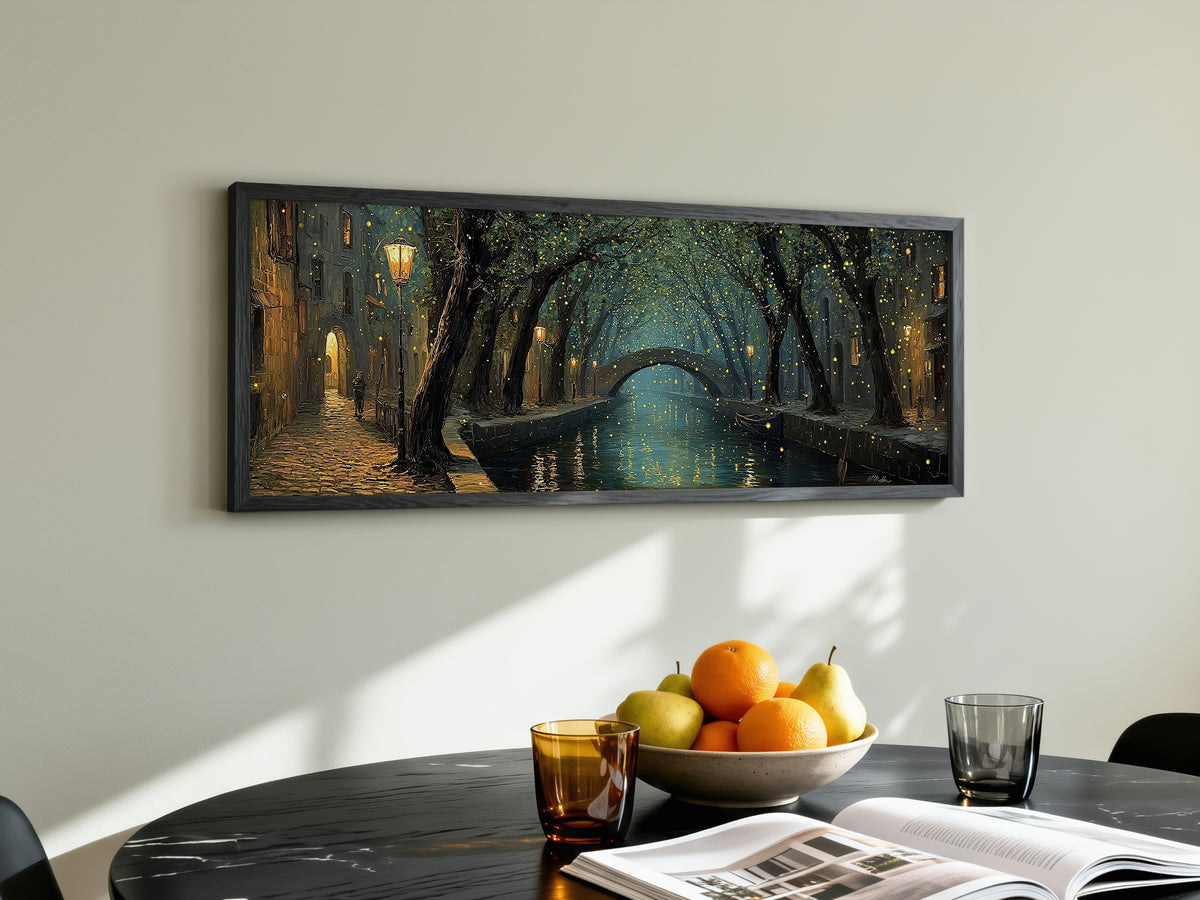 Magical Night Canal Bridge Panoramic Canvas Print, Fairy Lights Tree Tunnel Wall Art