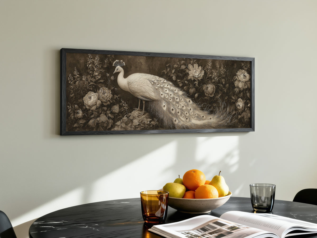 White Peacock Botanical Panoramic Canvas Print, Vintage Sepia Floral Bird Wall Art