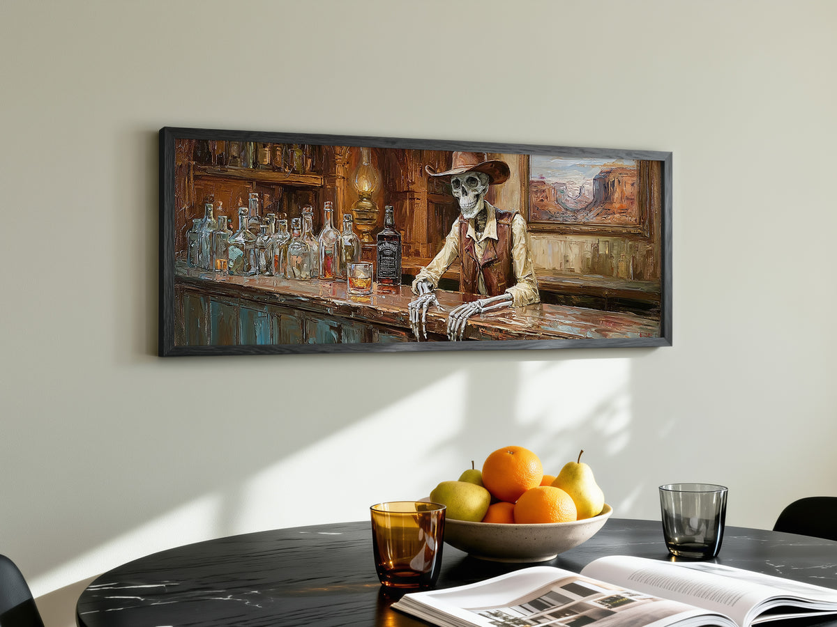 Cowboy Skeleton Saloon Bar Panoramic Canvas Print, Western Skull Whiskey Wall Art, Extra Large Rustic Man Cave Decor