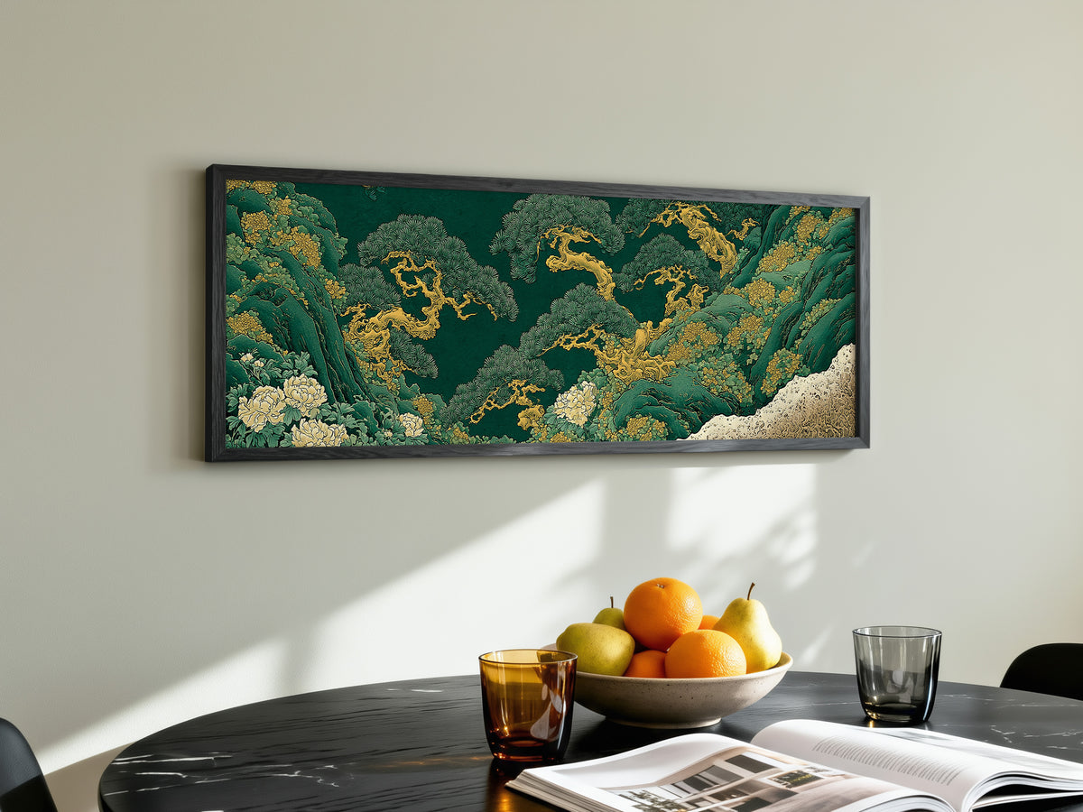Japanese Pine Tree Panoramic Canvas Print, Emerald Green and Gold Landscape Wall Art