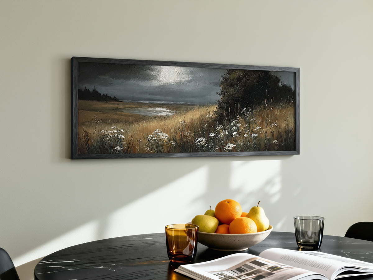 Moonlit Marsh Dark Moody Landscape Panoramic Canvas Print, Wildflower Field at Night Wall Art