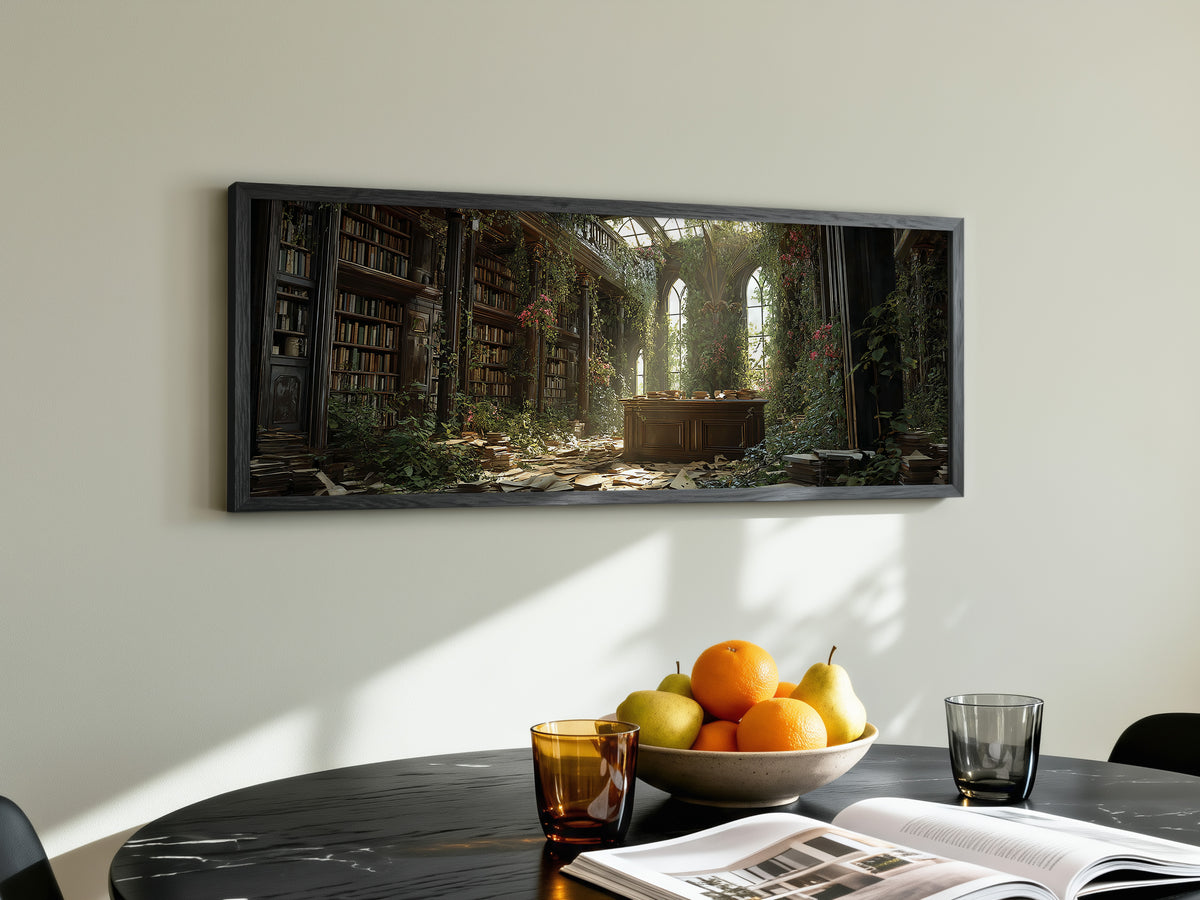 Dark Academia Overgrown Library Panoramic Canvas Print, Enchanted Abandoned Bookshelf Wall Art,