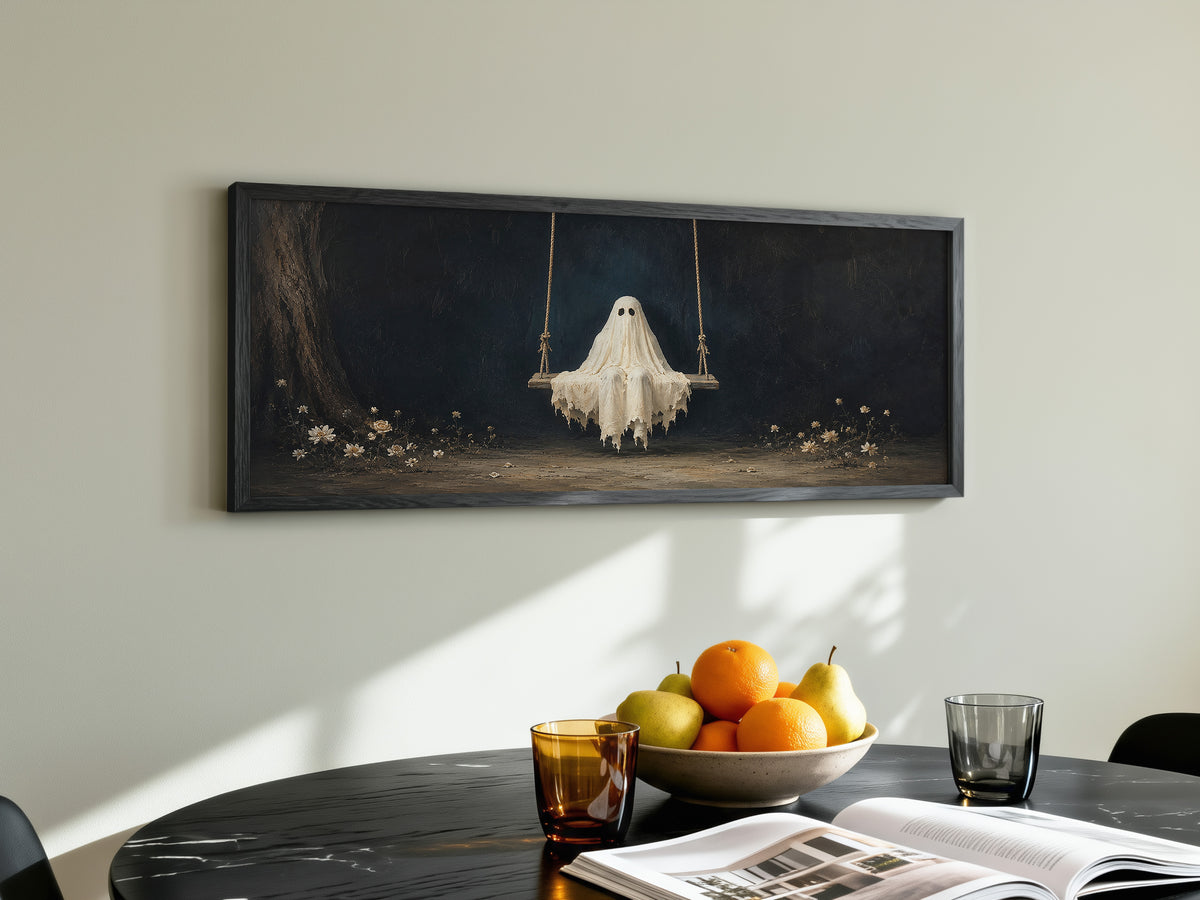 Ghost on Swing Panoramic Canvas Print, Cute Vintage Spooky Floral Wall Art