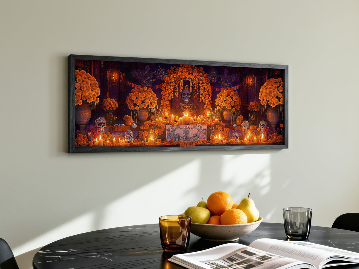 Day of the Dead Altar Panoramic Canvas Print, Dia de los Muertos Wall Art, Mexican Ofrenda Decor