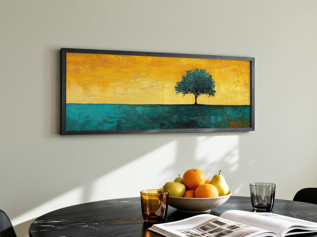 Minimalist Lone Tree Abstract Landscape Panoramic Canvas Print, Teal Yellow Gold Modern Nature Home Wall Art, Contemporary Decor