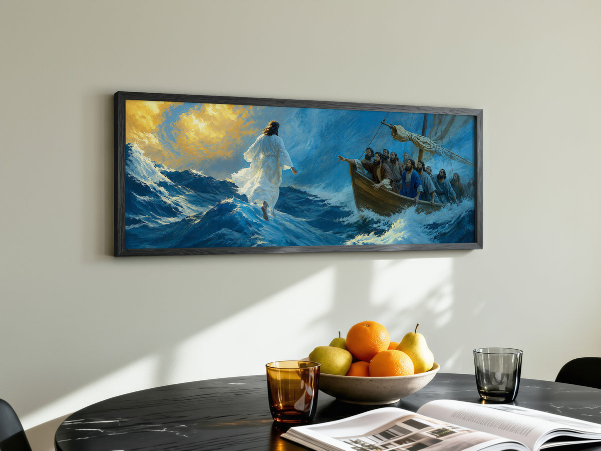 Jesus Walking on Water Stormy Sea Panoramic Canvas Print, Biblical Miracle Disciples Boat Wall Art, Extra Large Christian Decor