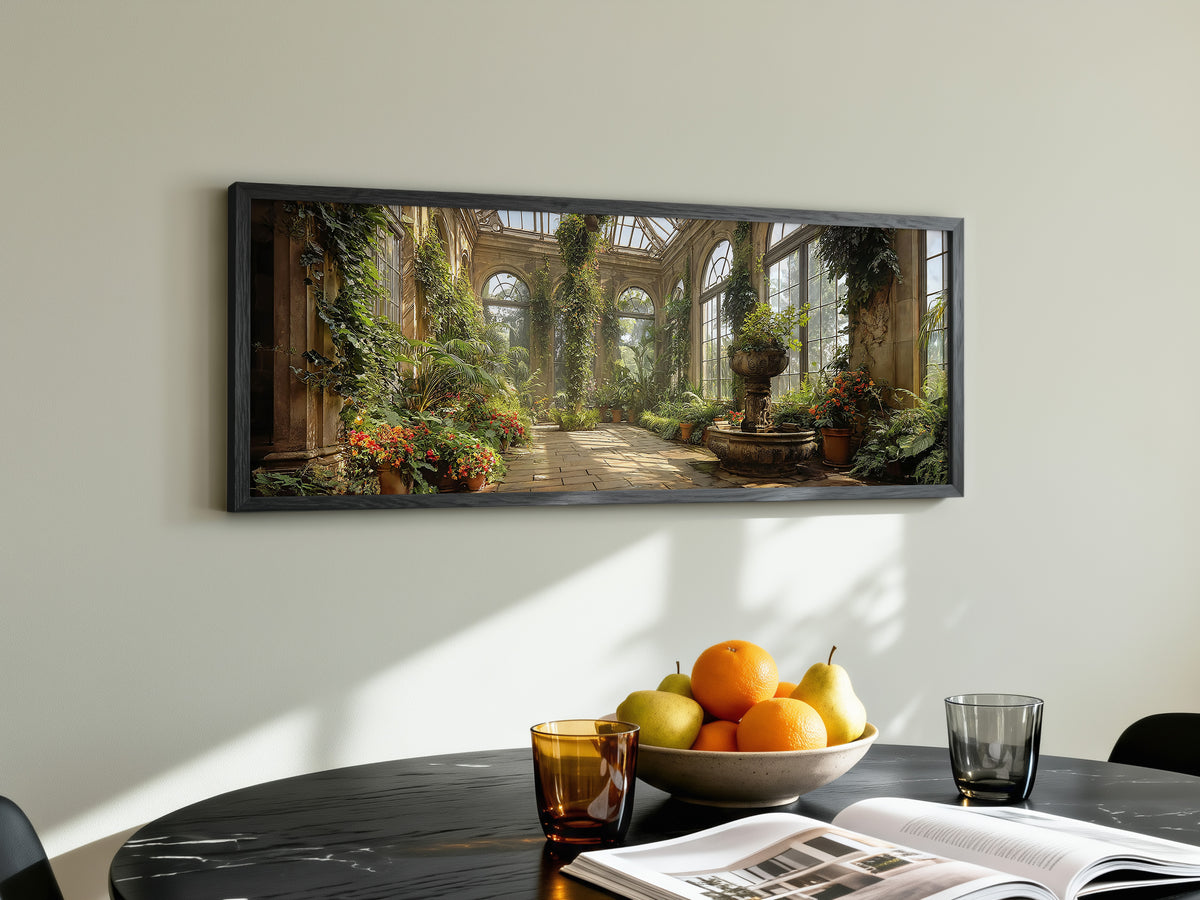 Victorian Conservatory Garden Panoramic Canvas Print, Sunlit Greenhouse Wall Art