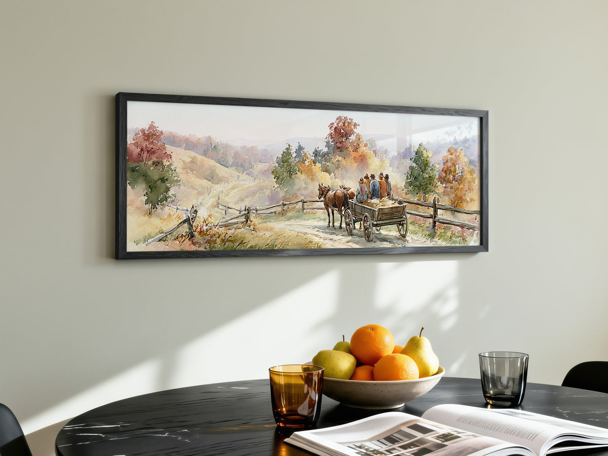 Autumn Watercolor Horse Drawn Wagon Panoramic Canvas Print, Rustic Country Road Lane Wall Art, Vintage Fall Scene, Countryside Decor