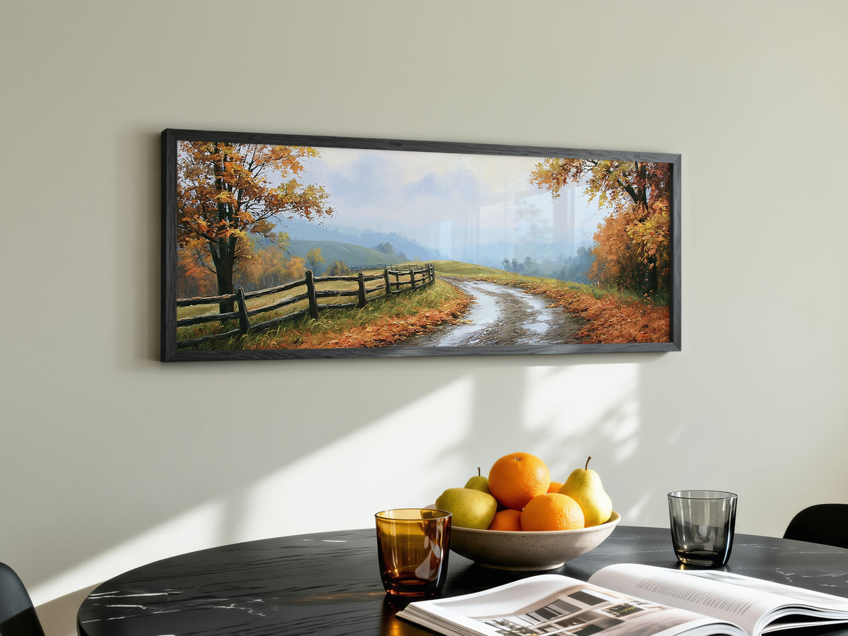 Orange Fall Foliage Country Road Panoramic Canvas Print, Rustic Fence Lane Wall Art, Cabin Wall Decor