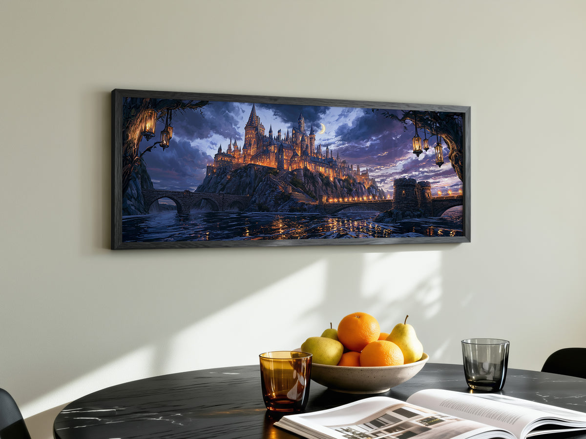 Enchanted Wizard Castle Night Panoramic Canvas Print, Fantasy Magic School Moonlit Wall Art, Dark Academia Fantasy Castle Decor