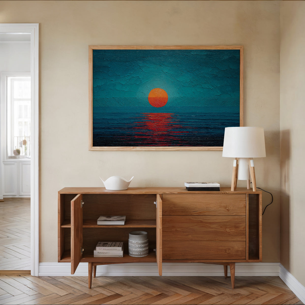 Minimalist Teal Orange Sun Seascape Canvas Print, Abstract Impasto Ocean Sunset Wall Art, Entryway Wall Decor