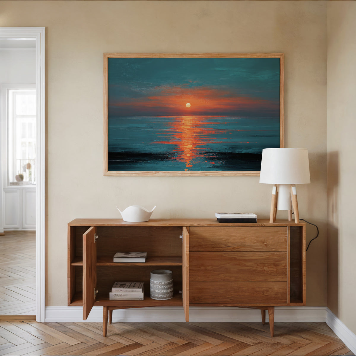 Dramatic Ocean Sunset Teal Orange Canvas Print, Glowing Sun Reflection Seascape Wall Art, Oil Painting Style, Extra Large Home Office Decor
