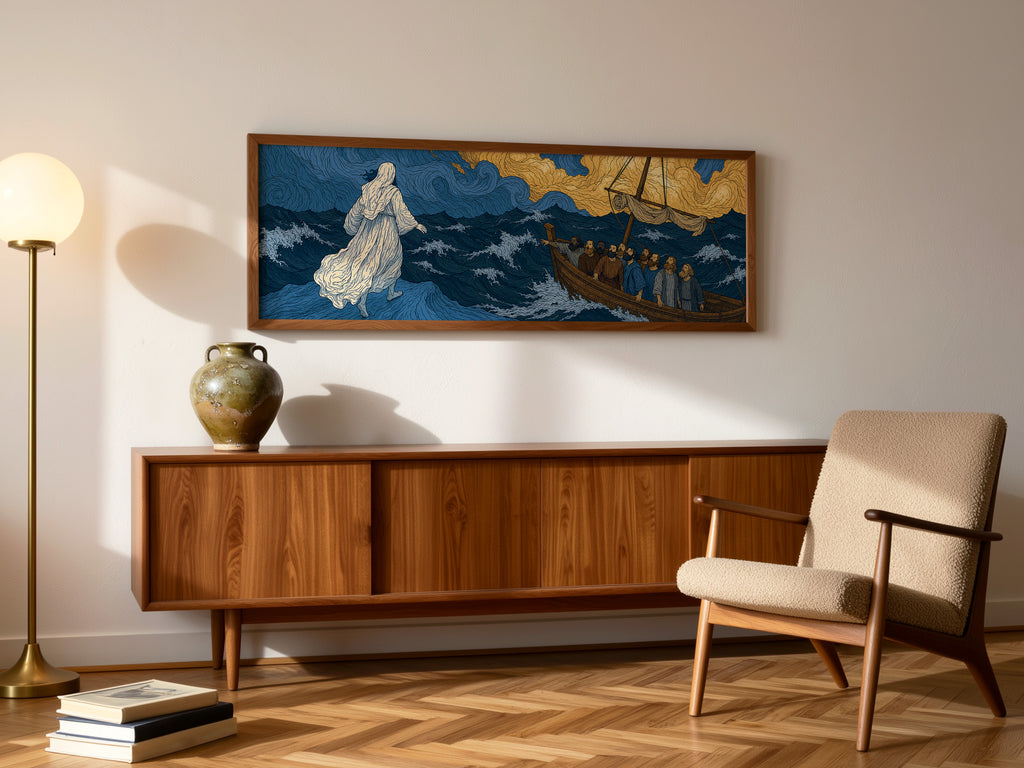 Biblical Jesus Walking Water Swirling Sea Panoramic Canvas Print, Van Gogh Style Blue Gold Wall Art, Redeemer Christian Heavenly Decor, P272