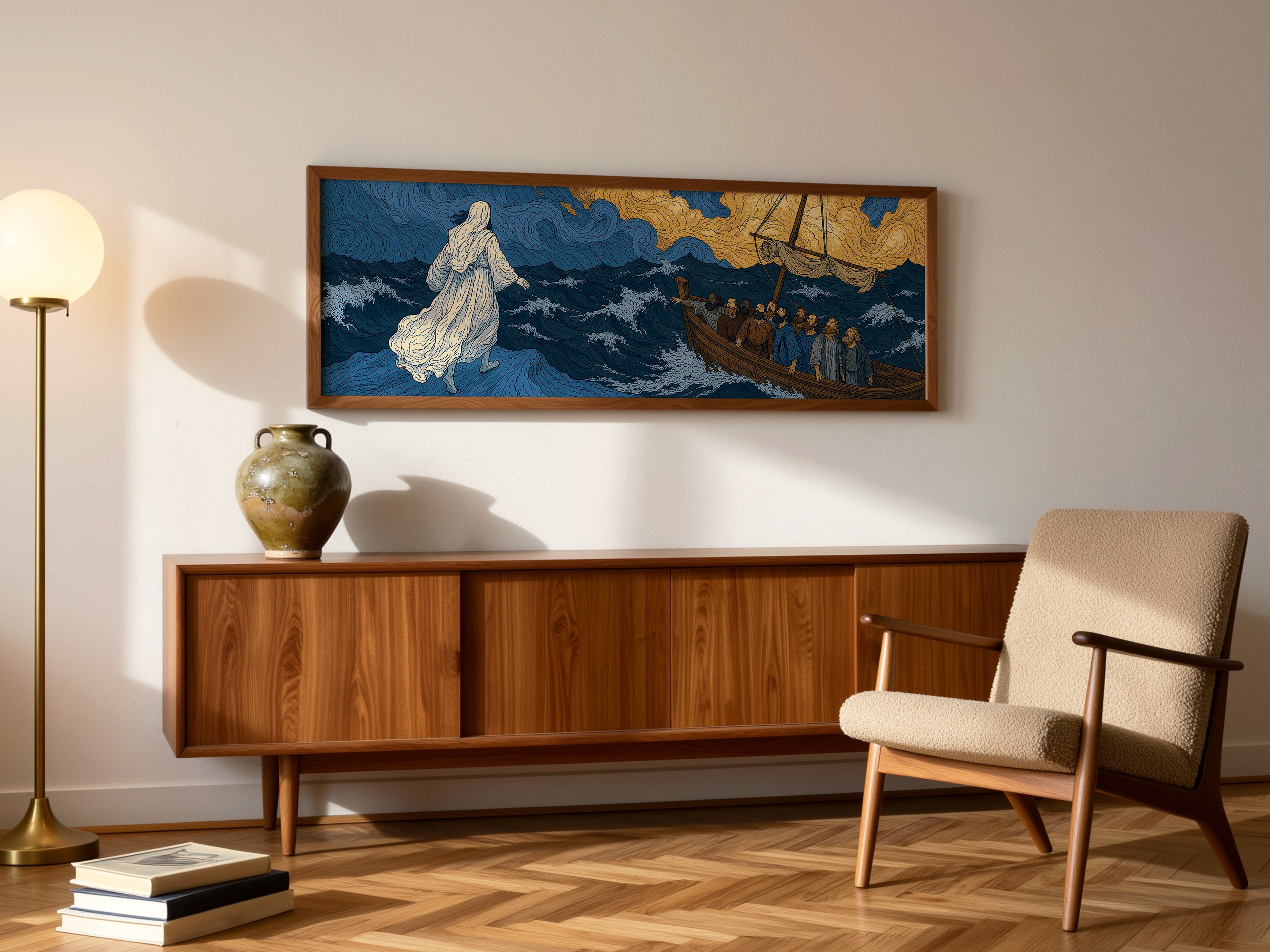 Biblical Jesus Walking Water Swirling Sea Panoramic Canvas Print, Van Gogh Style Blue Gold Wall Art, Redeemer Christian Heavenly Decor, P272