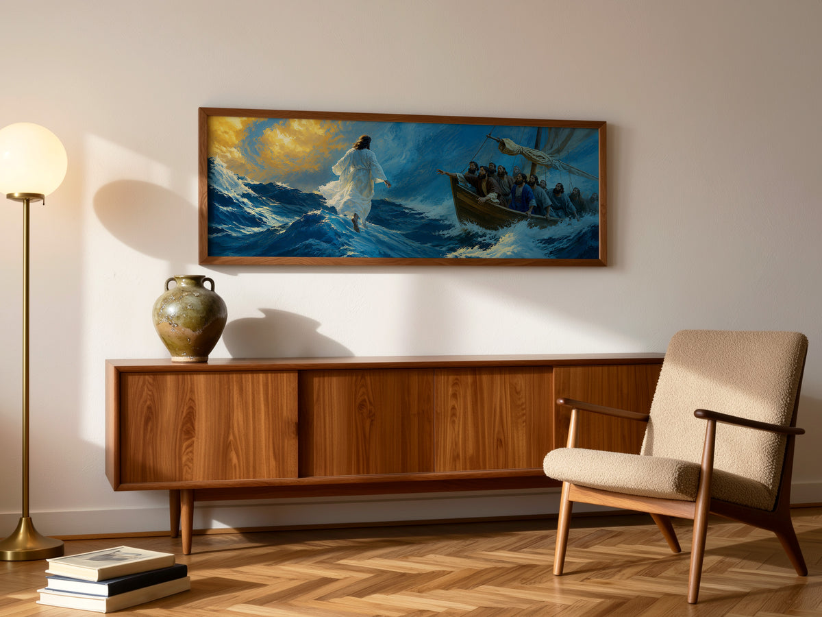 Jesus Walking on Water Stormy Sea Panoramic Canvas Print, Biblical Miracle Disciples Boat Wall Art, Extra Large Christian Decor
