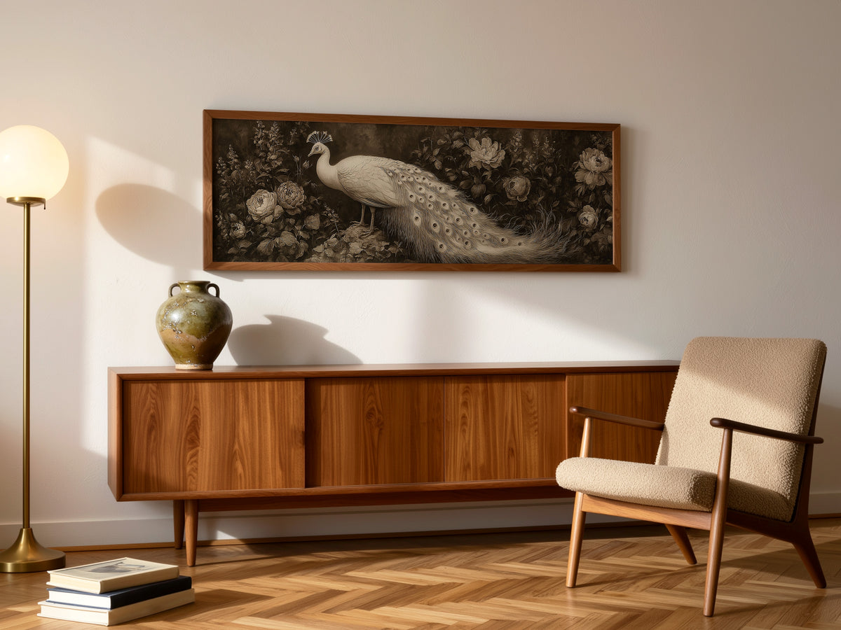 White Peacock Botanical Panoramic Canvas Print, Vintage Sepia Floral Bird Wall Art