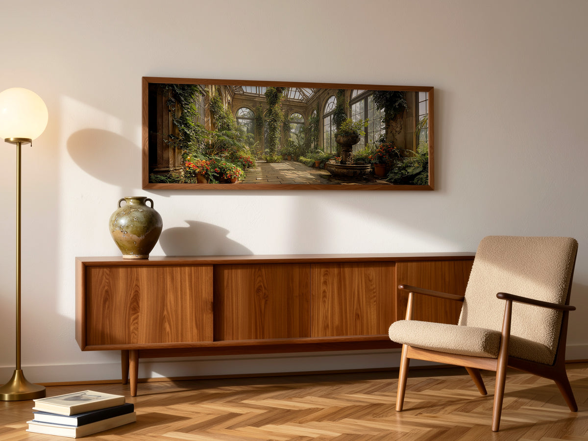 Victorian Conservatory Garden Panoramic Canvas Print, Sunlit Greenhouse Wall Art